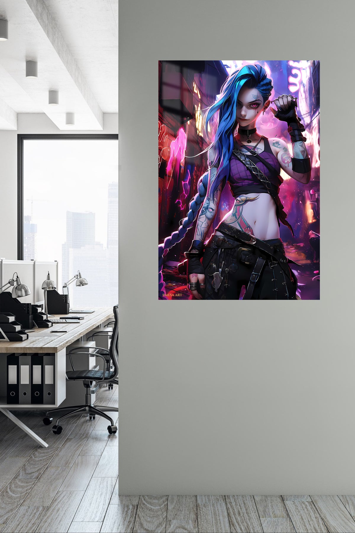 Neon Blue Braid Rebel metal wall art displayed in a contemporary living space
