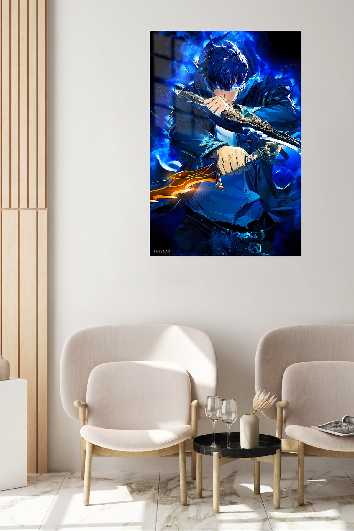 Azure Blade Guardian metal wall art displayed in a contemporary living space
