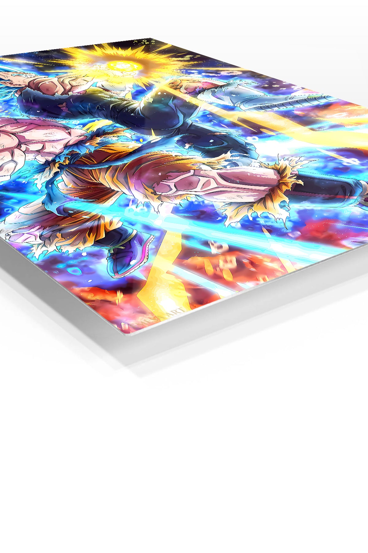 Blue-Haired Warriors Energy Clash premium metal wall art Ã¢â‚¬â€œ angled view