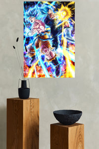 Blue-Haired Warriors Energy Clash metal wall art displayed in a modern interior