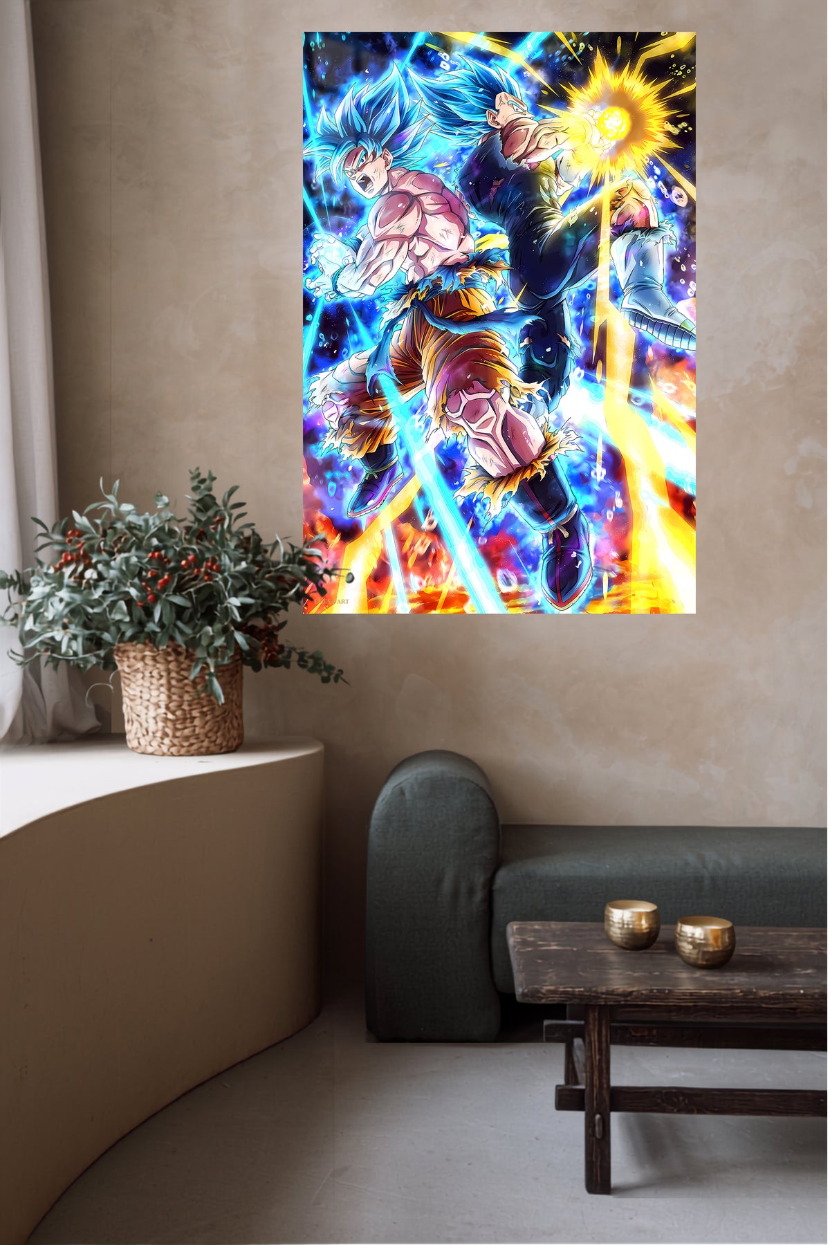 Blue-Haired Warriors Energy Clash metal wall art displayed in a contemporary living space