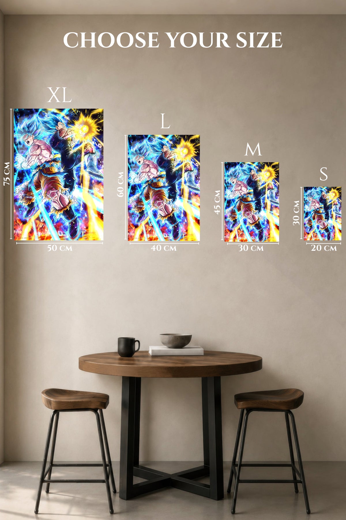 EMESA metal wall art size comparison guide for Blue-Haired Warriors Energy Clash