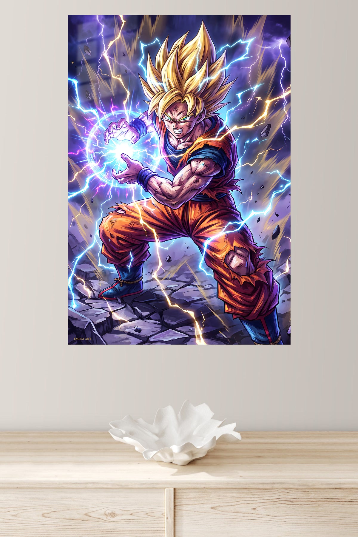 Lightning Sphere Warrior metal wall art displayed in a modern interior