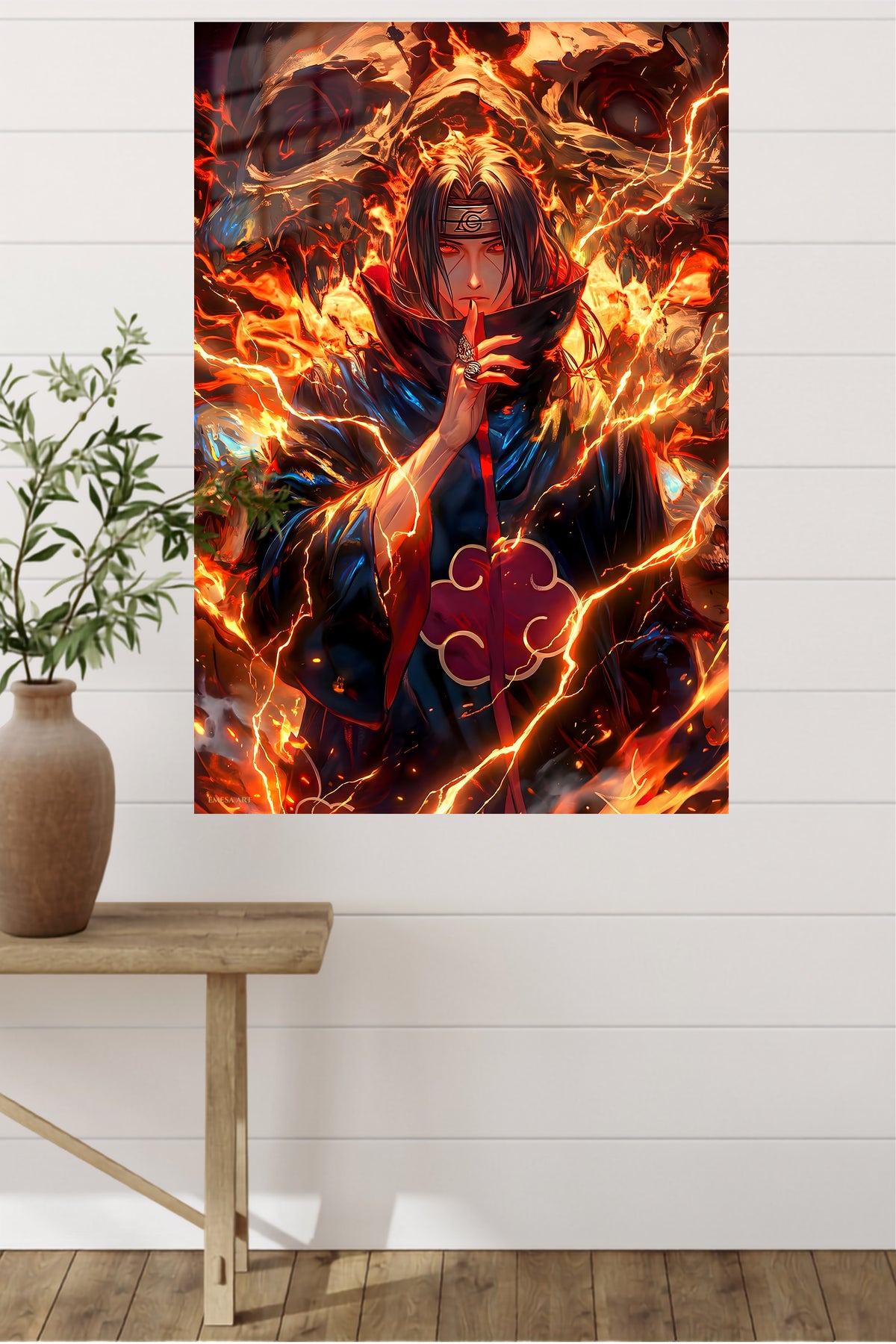 Flamebound Shadow Warrior metal wall art displayed in a modern interior