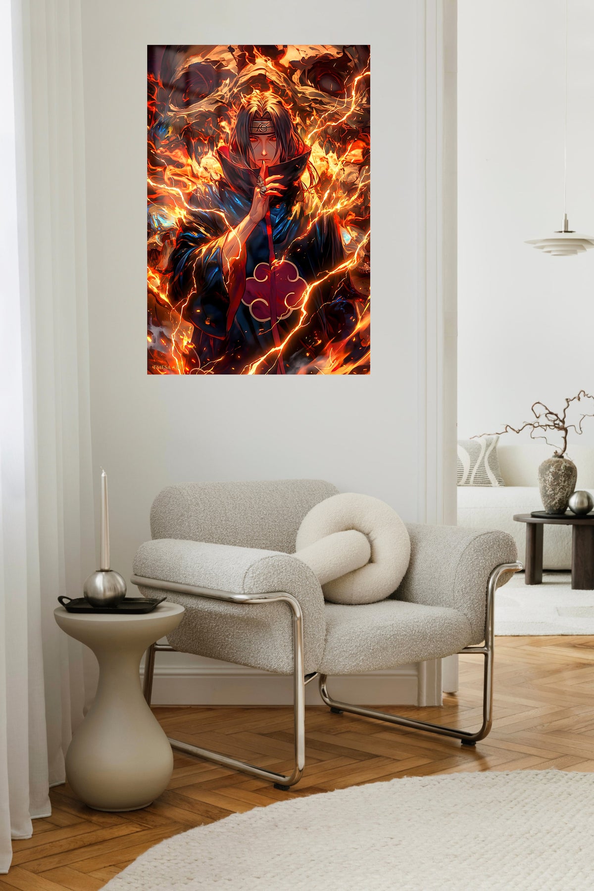 Flamebound Shadow Warrior metal wall art displayed in a contemporary living space