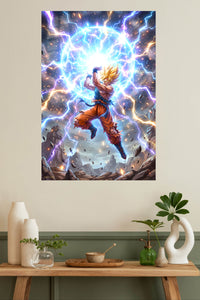 Golden-Haired Warrior's Lightning Surge metal wall art displayed in a modern interior