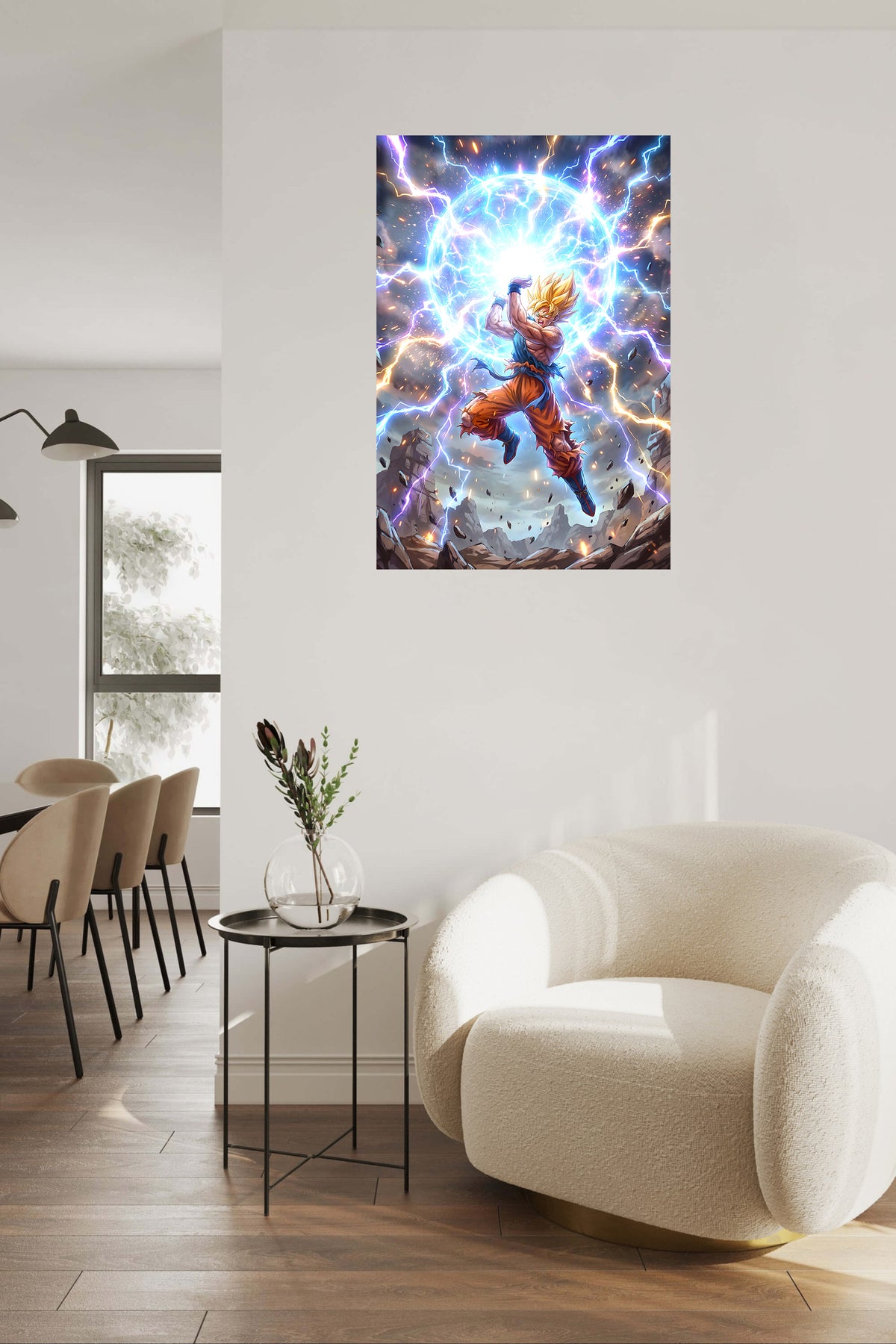 Golden-Haired Warrior's Lightning Surge metal wall art displayed in a contemporary living space