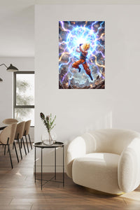 Golden-Haired Warrior's Lightning Surge metal wall art displayed in a contemporary living space