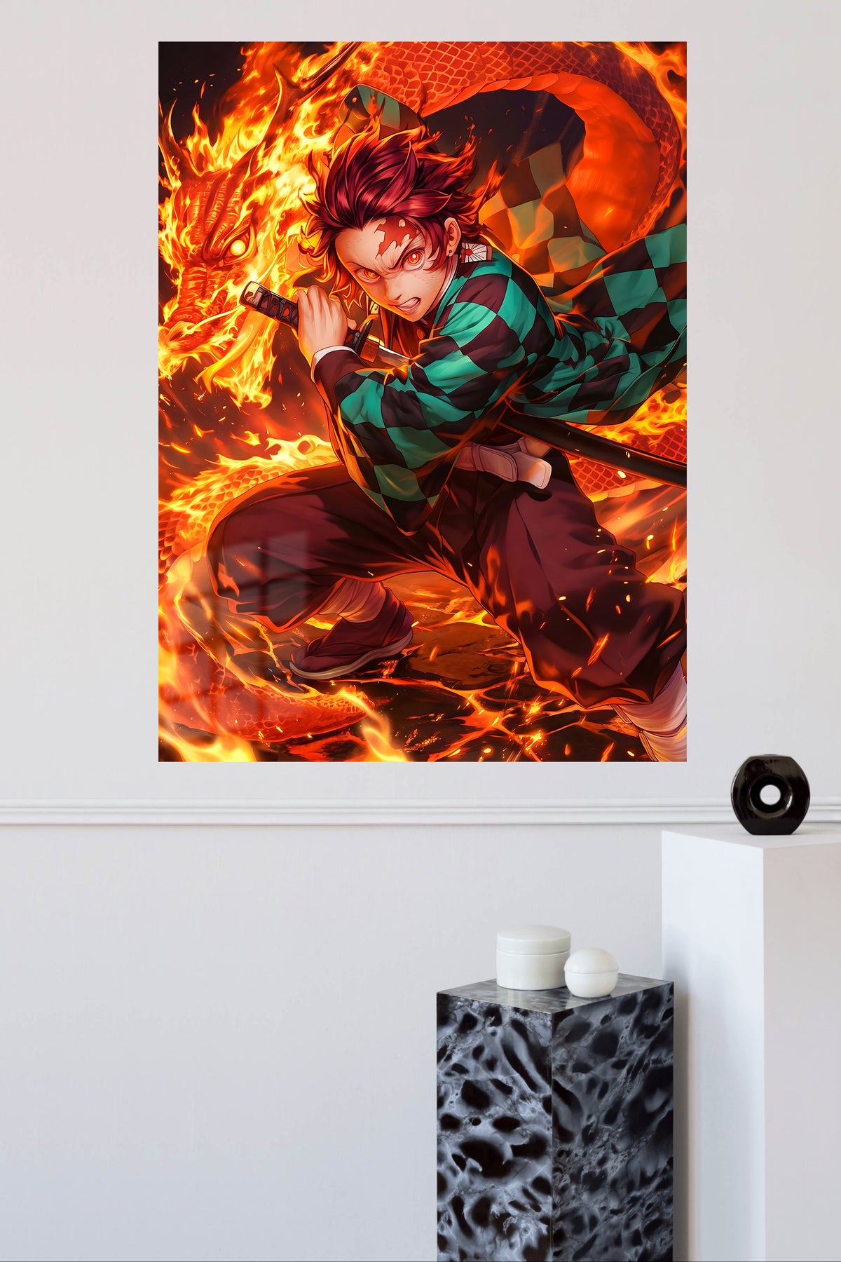 Flame Serpent Sword Warrior metal wall art displayed in a modern interior