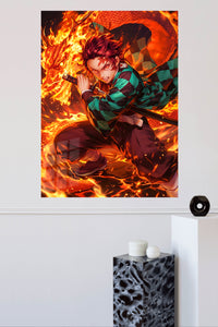 Flame Serpent Sword Warrior metal wall art displayed in a modern interior