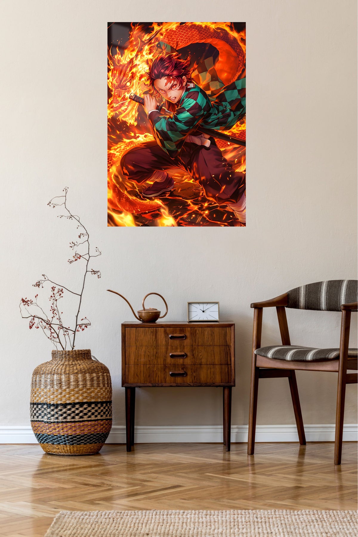 Flame Serpent Sword Warrior metal wall art displayed in a contemporary living space
