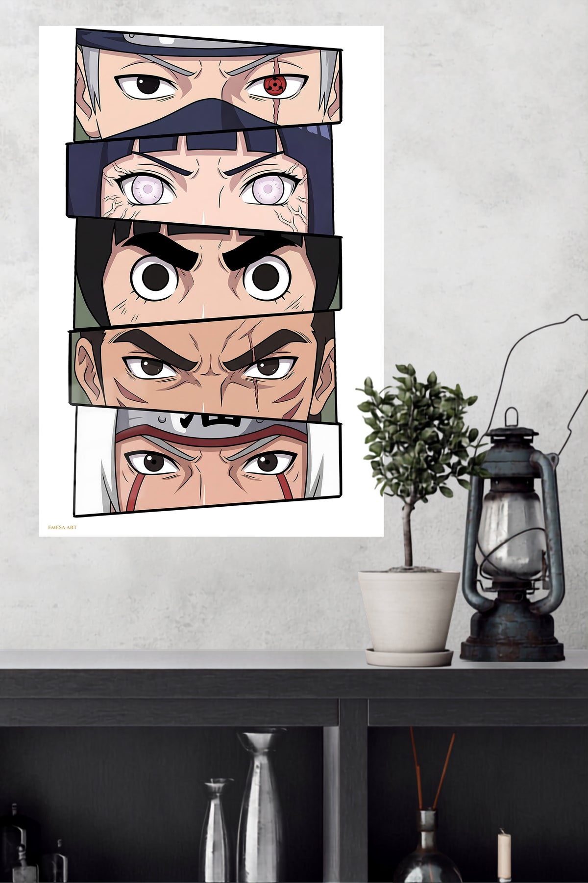 Five Warrior Gazes metal wall art displayed in a modern interior