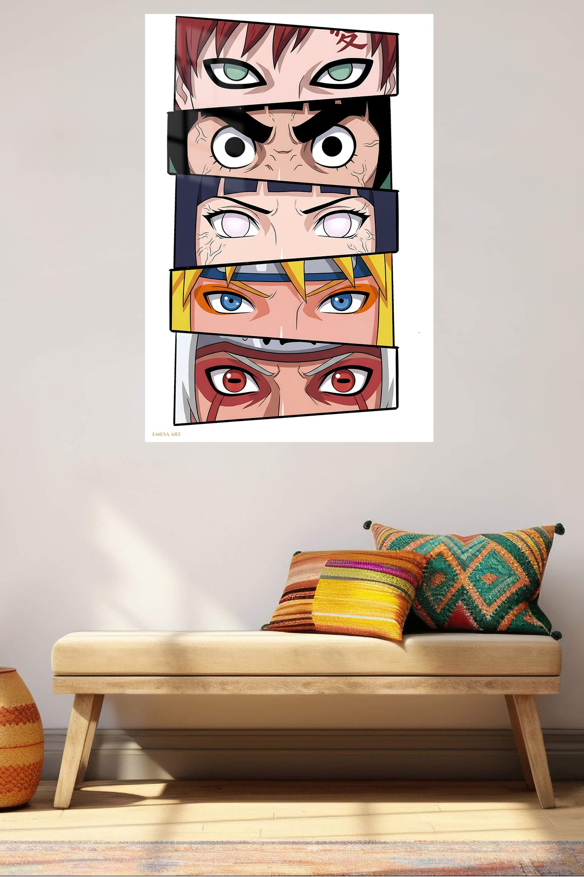 Five Expressive Warrior Faces metal wall art displayed in a contemporary living space