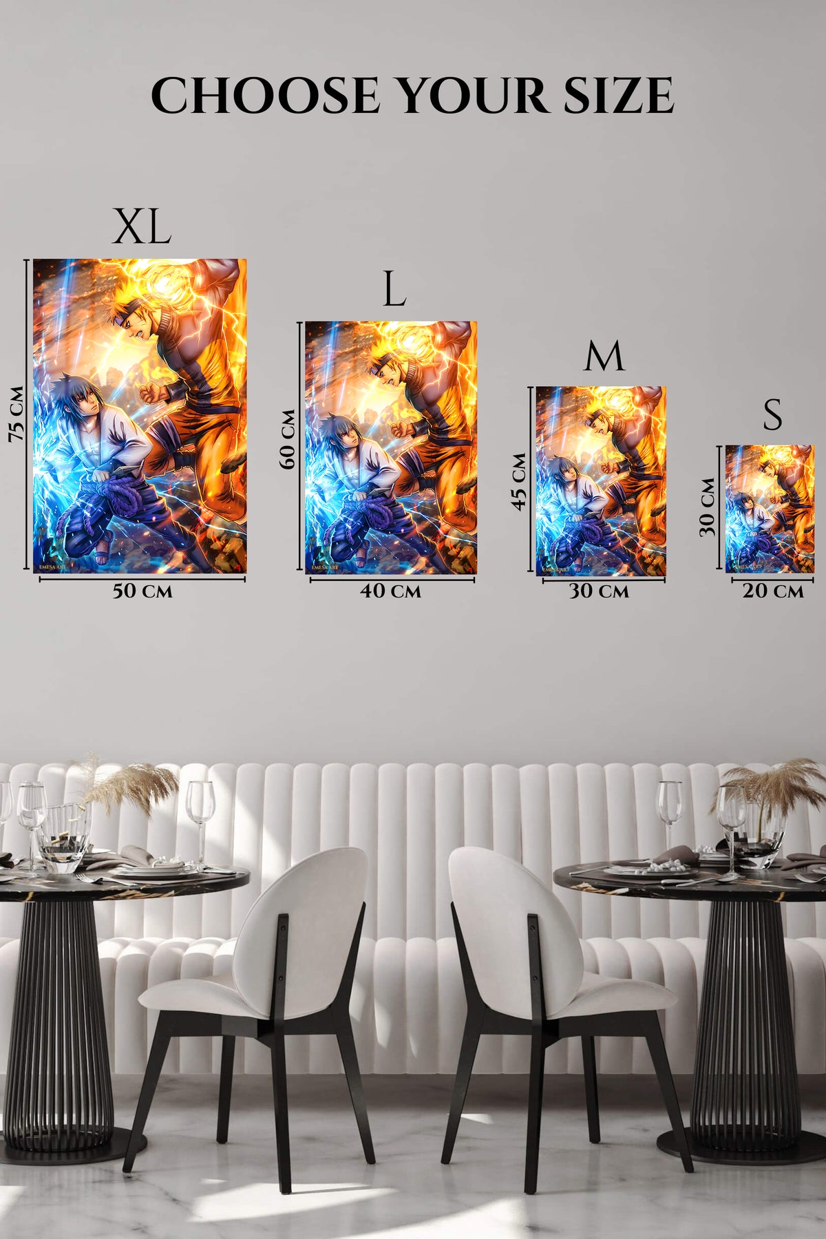 EMESA metal wall art size comparison guide for Thunder and Flame Duel