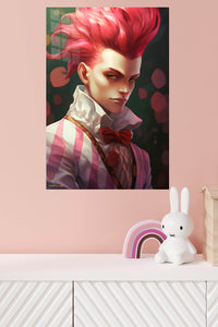 Crimson Quiff Portrait metal wall art displayed in a modern interior