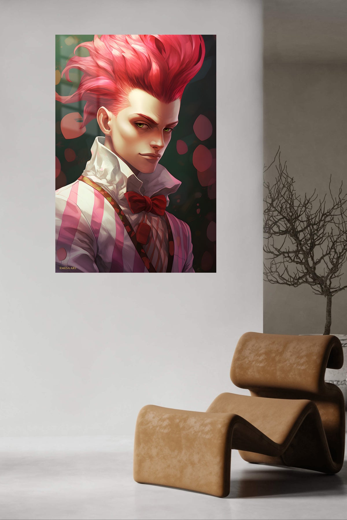 Crimson Quiff Portrait metal wall art displayed in a contemporary living space