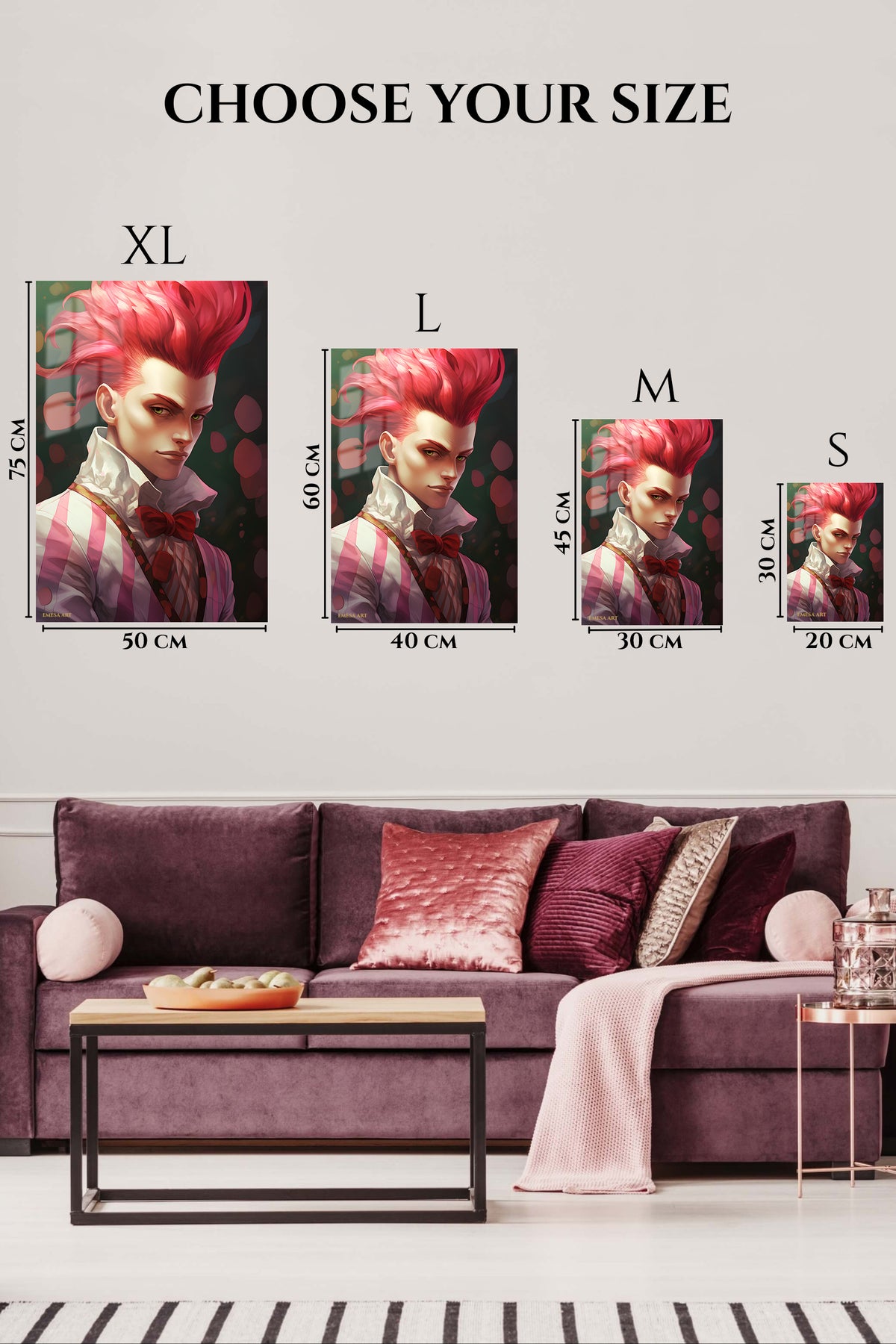EMESA metal wall art size comparison guide for Crimson Quiff Portrait