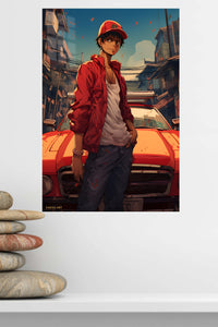 Red Cap Street Racer metal wall art displayed in a modern interior