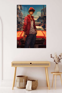 Red Cap Street Racer metal wall art displayed in a contemporary living space