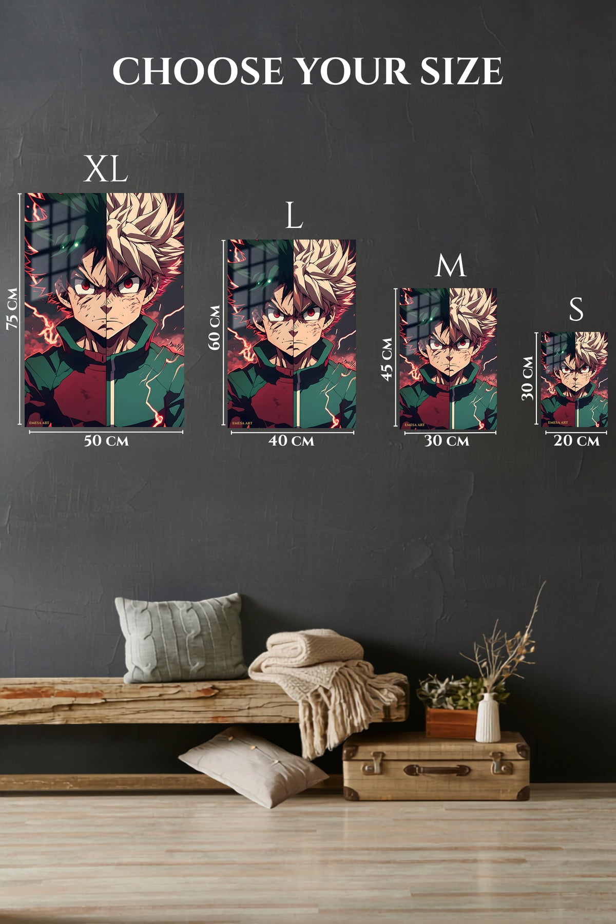EMESA metal wall art size comparison guide for Dual Resolve Under Crimson Lightning