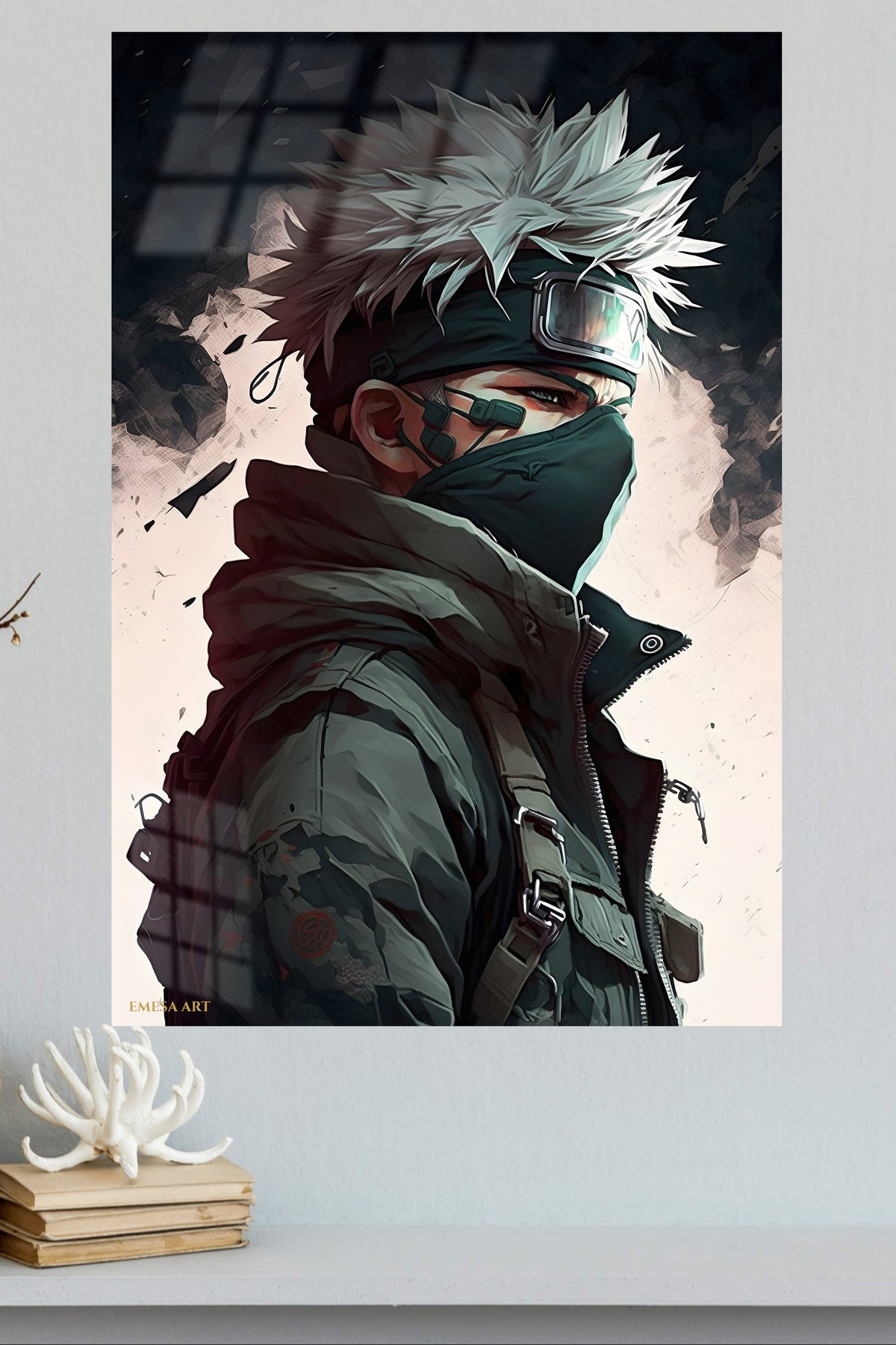 Silver-Haired Tactical Guardian metal wall art displayed in a modern interior