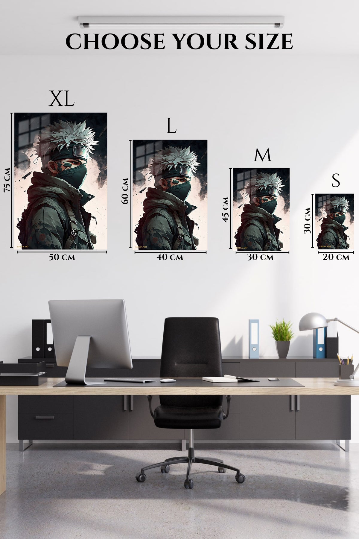 EMESA metal wall art size comparison guide for Silver-Haired Tactical Guardian