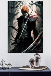 Crimson Masked Swordsman metal wall art displayed in a modern interior