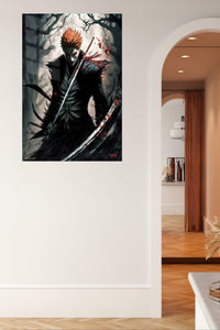 Crimson Masked Swordsman metal wall art displayed in a contemporary living space