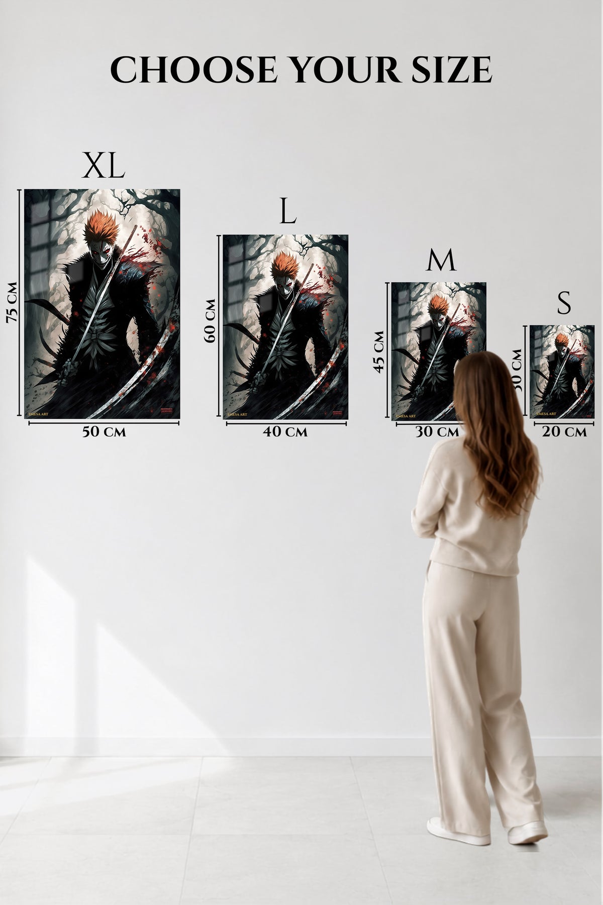 EMESA metal wall art size comparison guide for Crimson Masked Swordsman