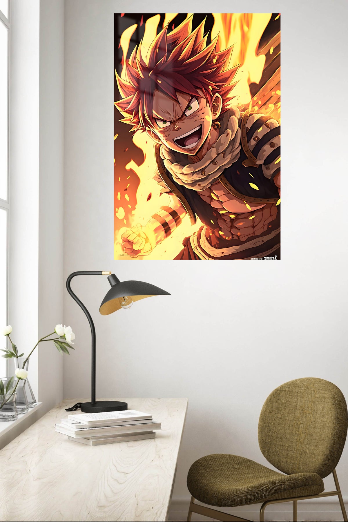 Blazing Spiky-Haired Fighter metal wall art displayed in a contemporary living space