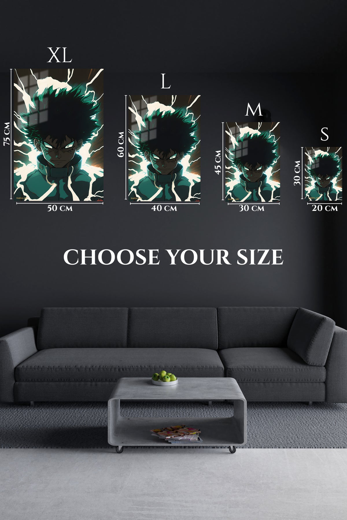 EMESA metal wall art size comparison guide for Emerald Surge Hero