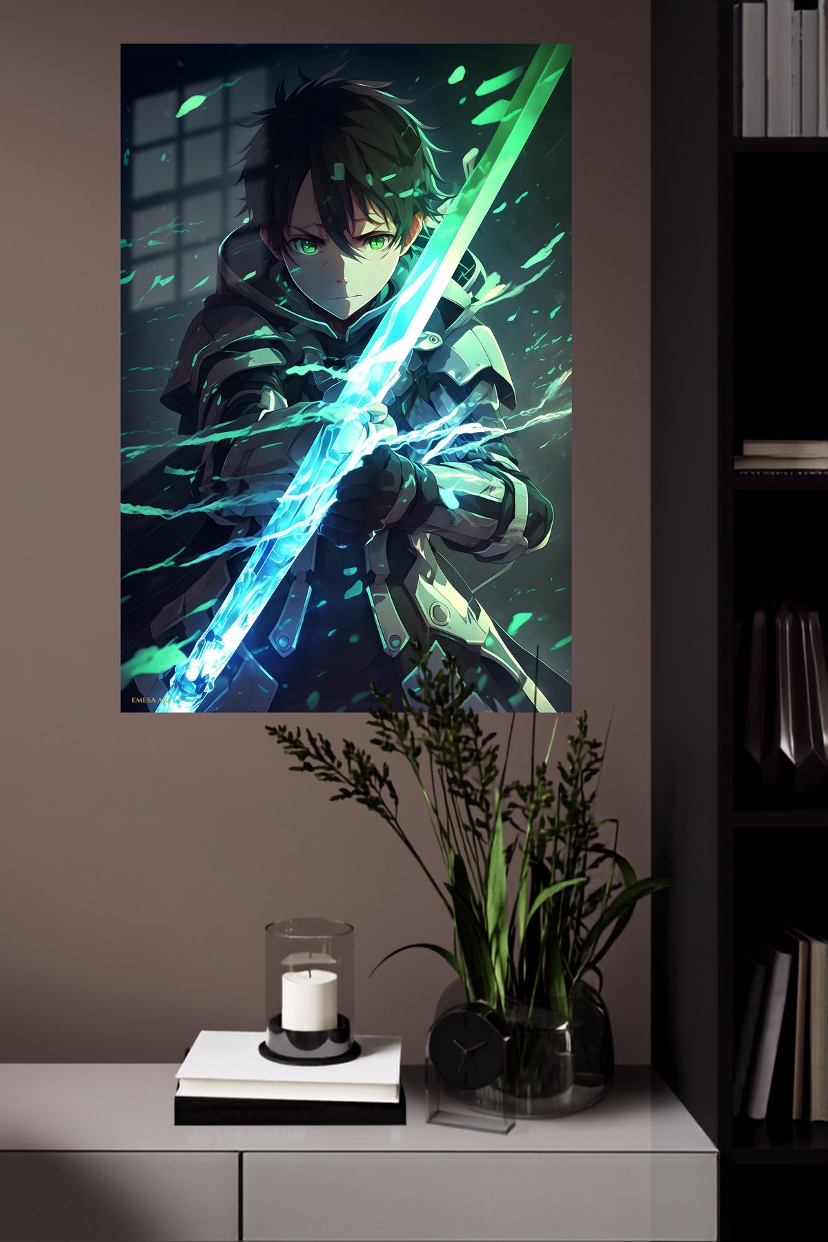 Emerald Blade Warrior metal wall art displayed in a modern interior