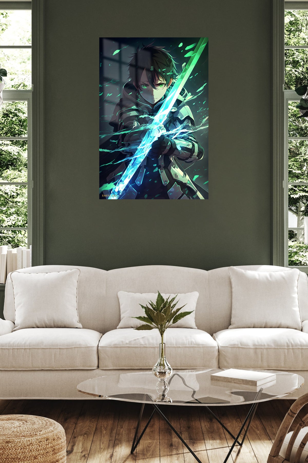 Emerald Blade Warrior metal wall art displayed in a contemporary living space