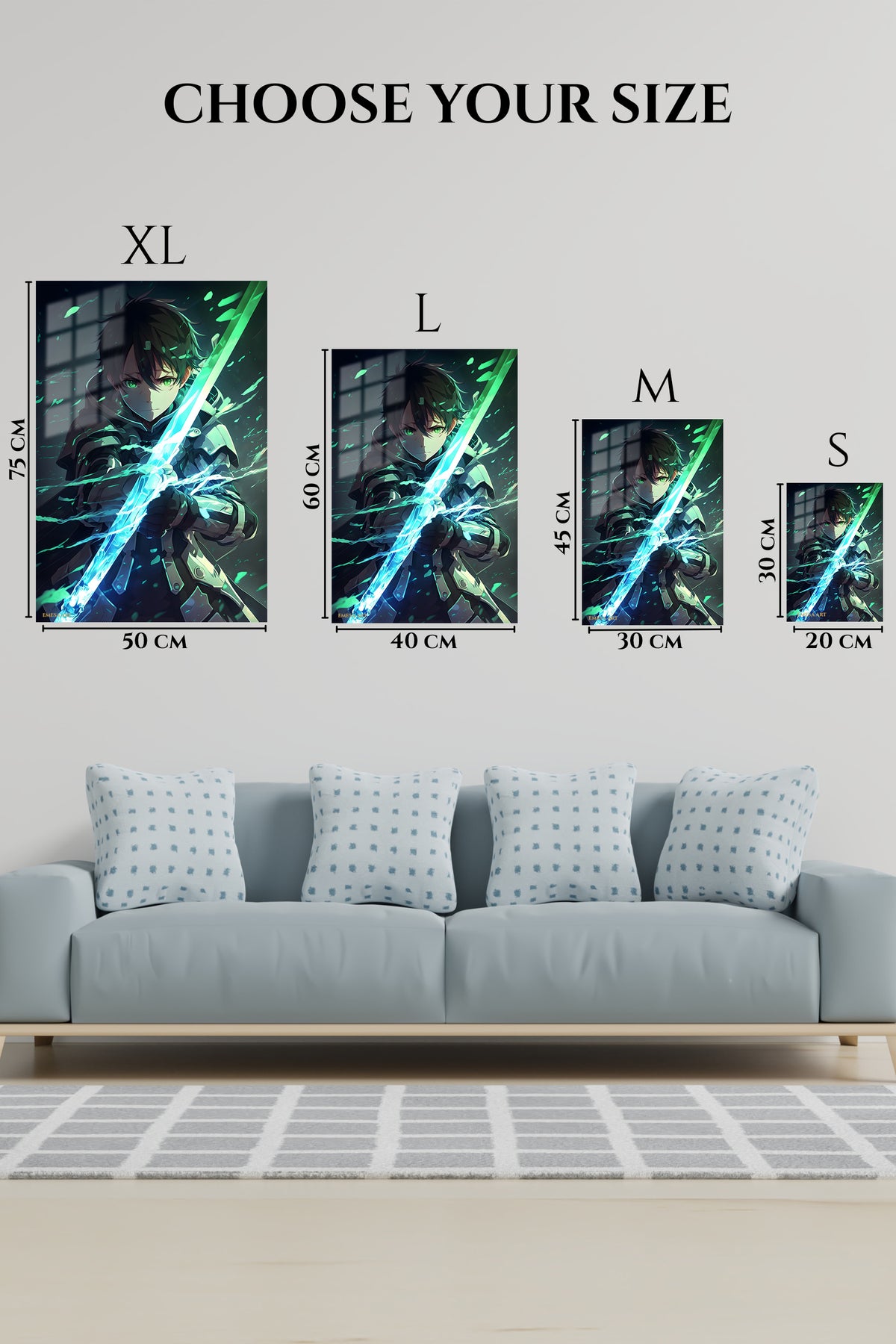 EMESA metal wall art size comparison guide for Emerald Blade Warrior