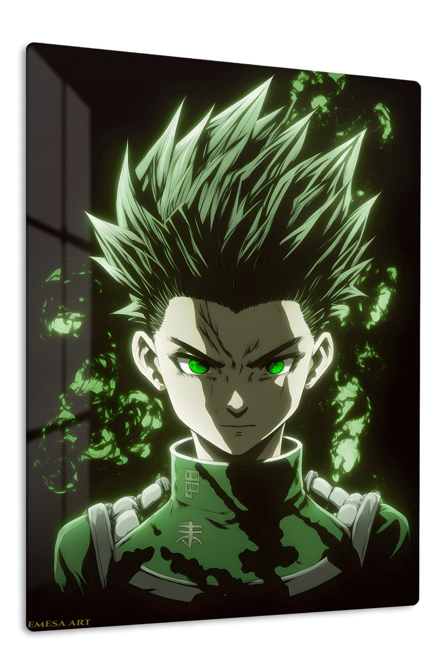 Emerald-Eyed Spiky Haired Warrior premium metal wall art Ã¢â‚¬â€œ front view