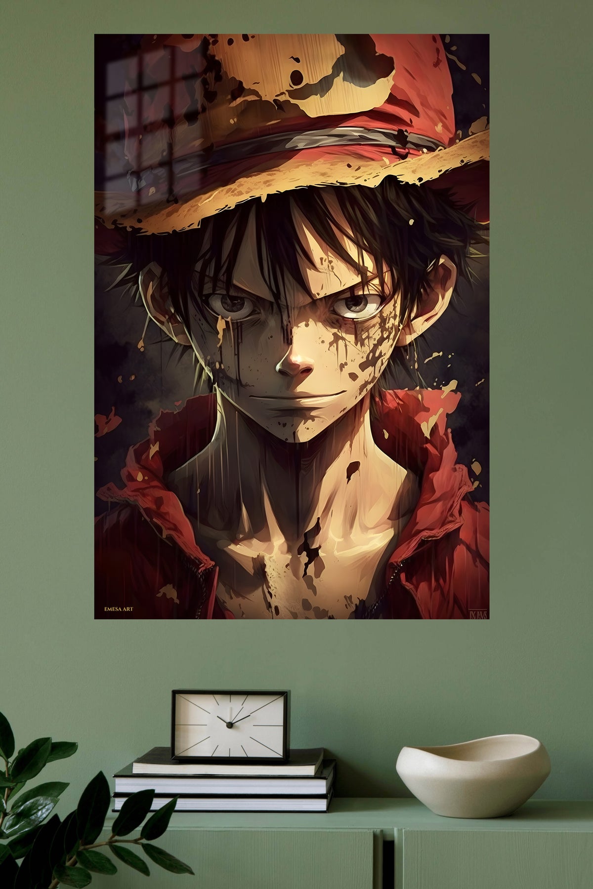 Weathered Straw Hat Adventurer metal wall art displayed in a modern interior