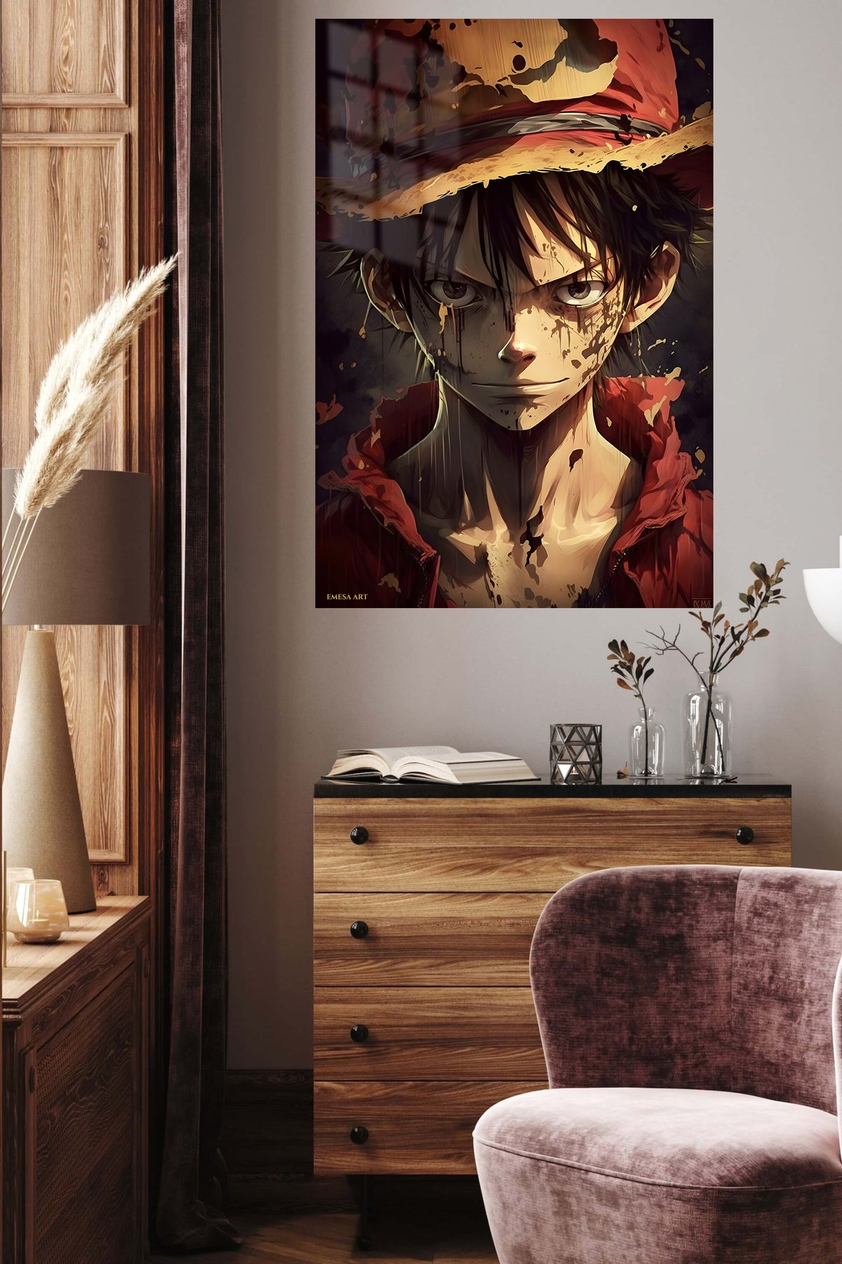 Weathered Straw Hat Adventurer metal wall art displayed in a contemporary living space