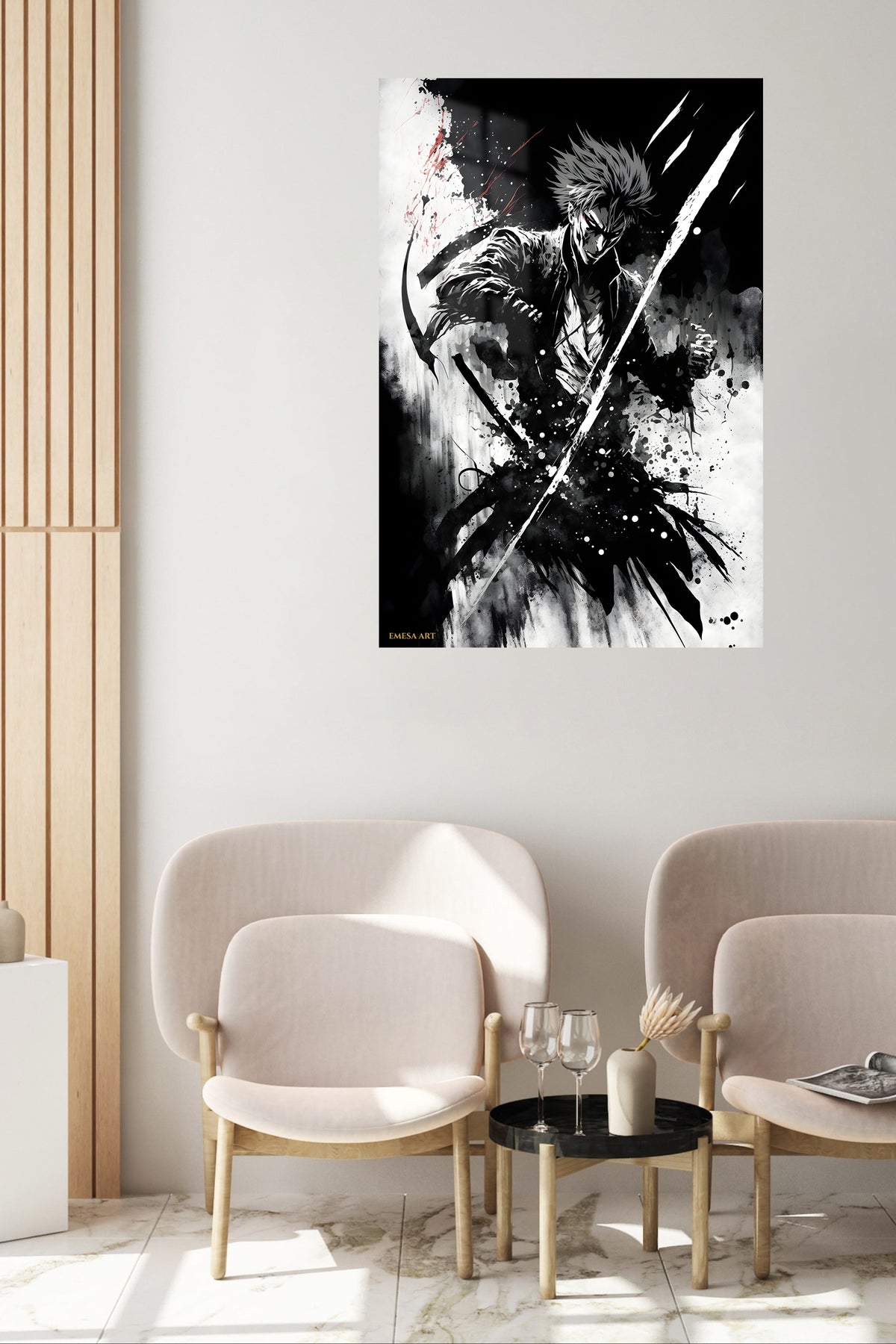 Flame-Born Suited Fighter metal wall art displayed in a contemporary living space