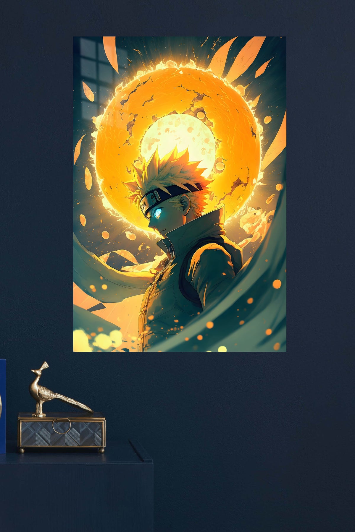 Blazing Arc Fighter metal wall art displayed in a modern interior