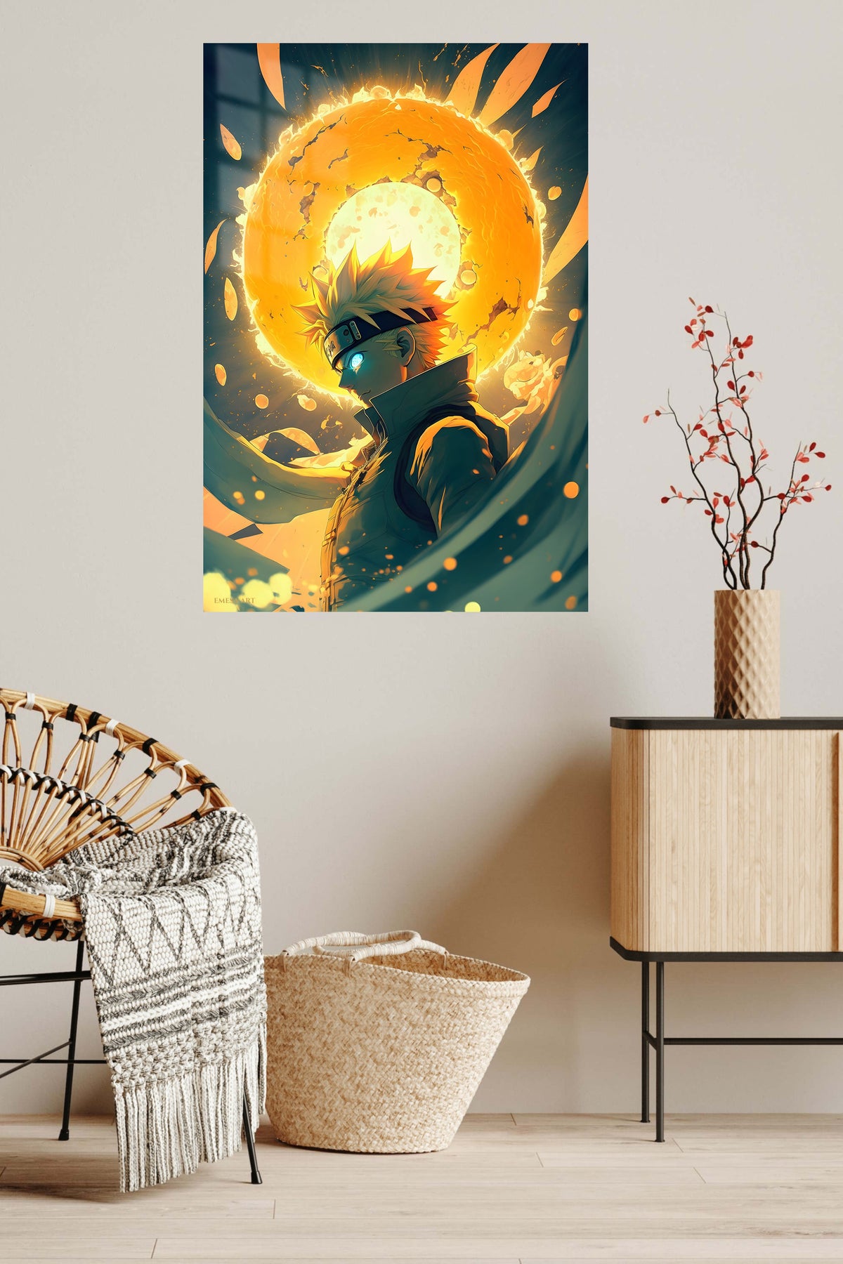 Blazing Arc Fighter metal wall art displayed in a contemporary living space
