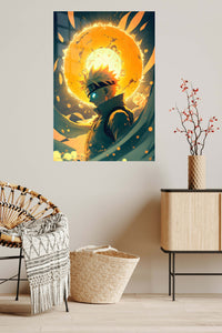 Blazing Arc Fighter metal wall art displayed in a contemporary living space