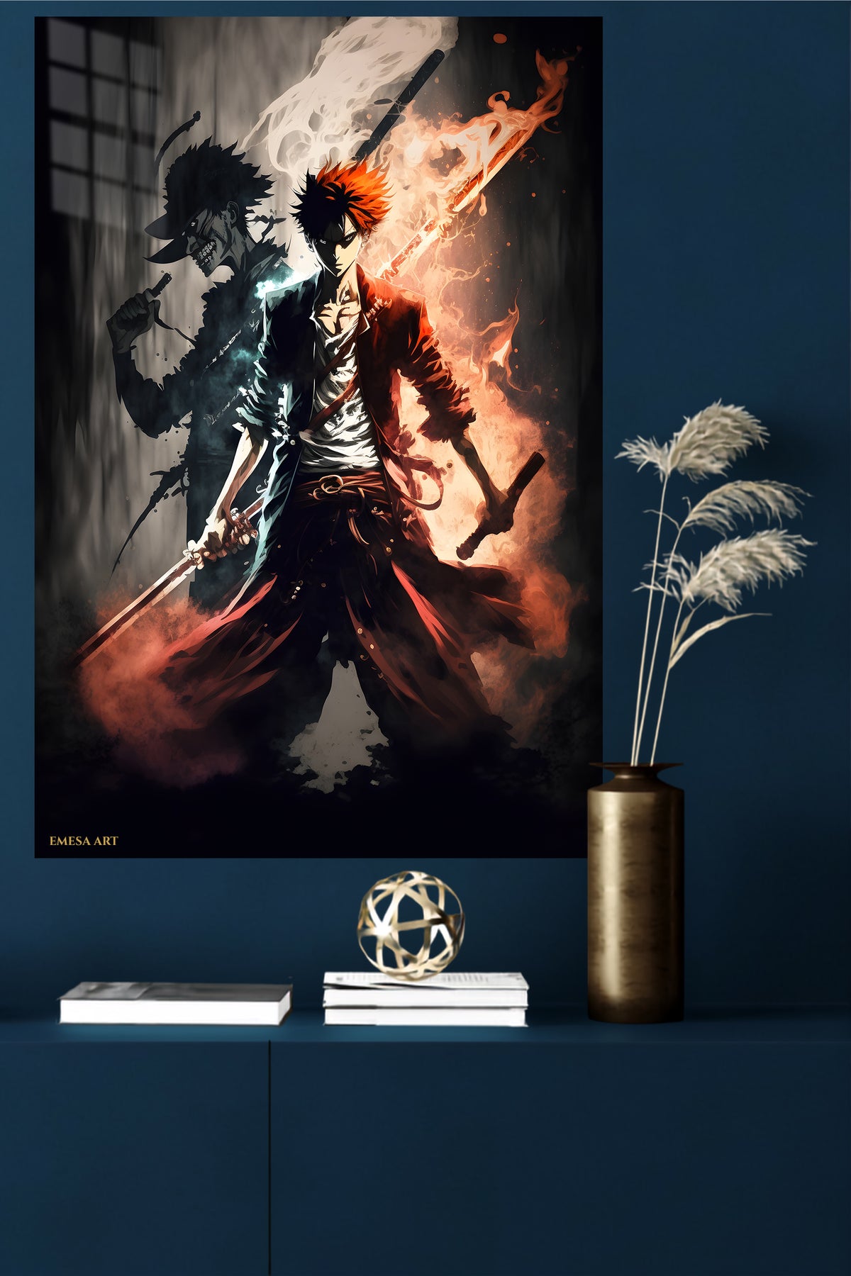 Crimson-Eyed Shadow Warrior metal wall art displayed in a modern interior