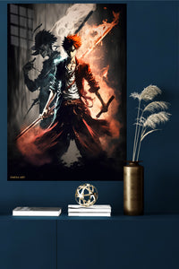 Crimson-Eyed Shadow Warrior metal wall art displayed in a modern interior