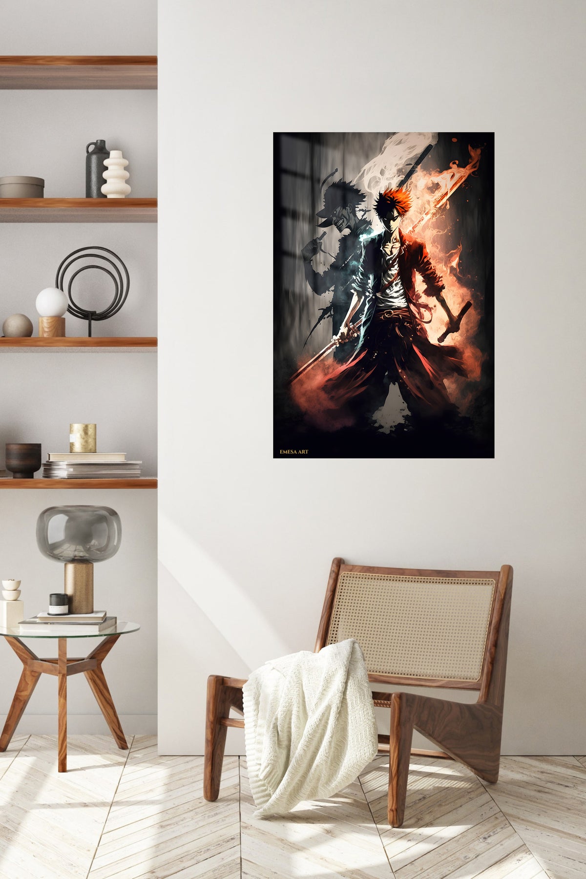 Crimson-Eyed Shadow Warrior metal wall art displayed in a contemporary living space