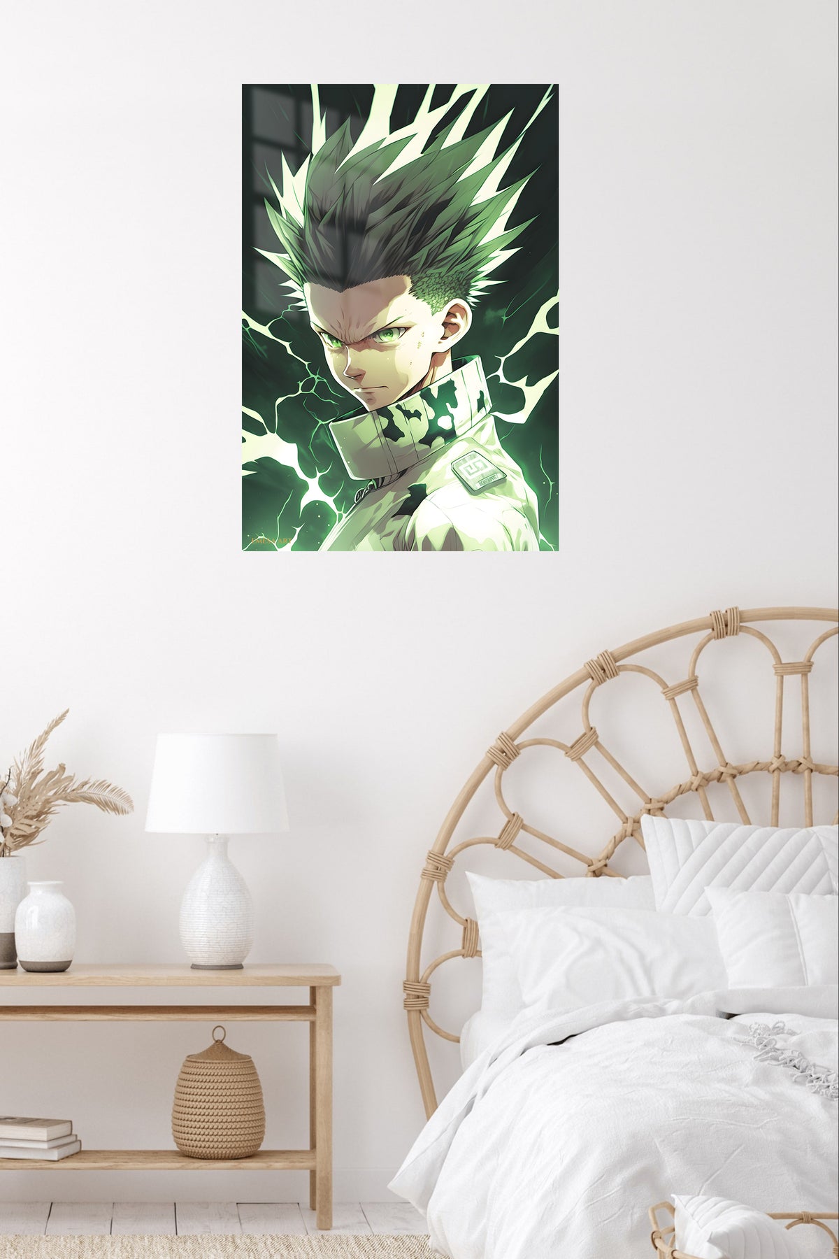 Windblown Shrine Maiden Portrait metal wall art displayed in a contemporary living space