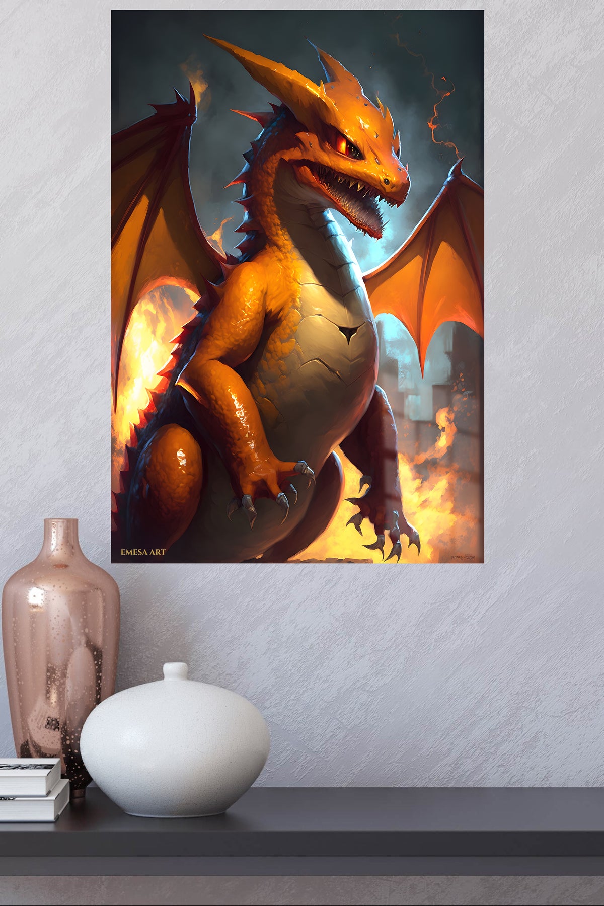 Flame-Eyed Warrior Portrait metal wall art displayed in a modern interior