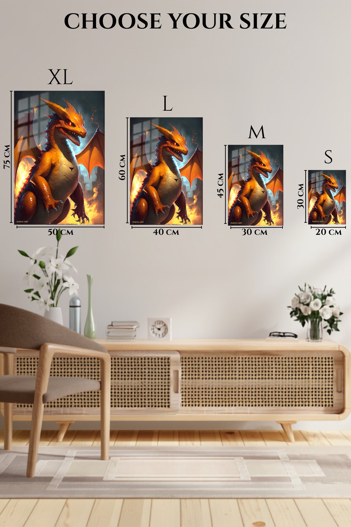 EMESA metal wall art size comparison guide for Flame-Eyed Warrior Portrait