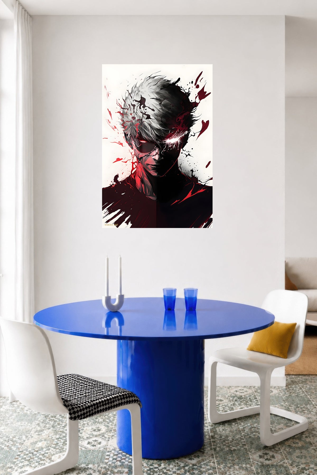 Neon Storm Warrior metal wall art displayed in a contemporary living space
