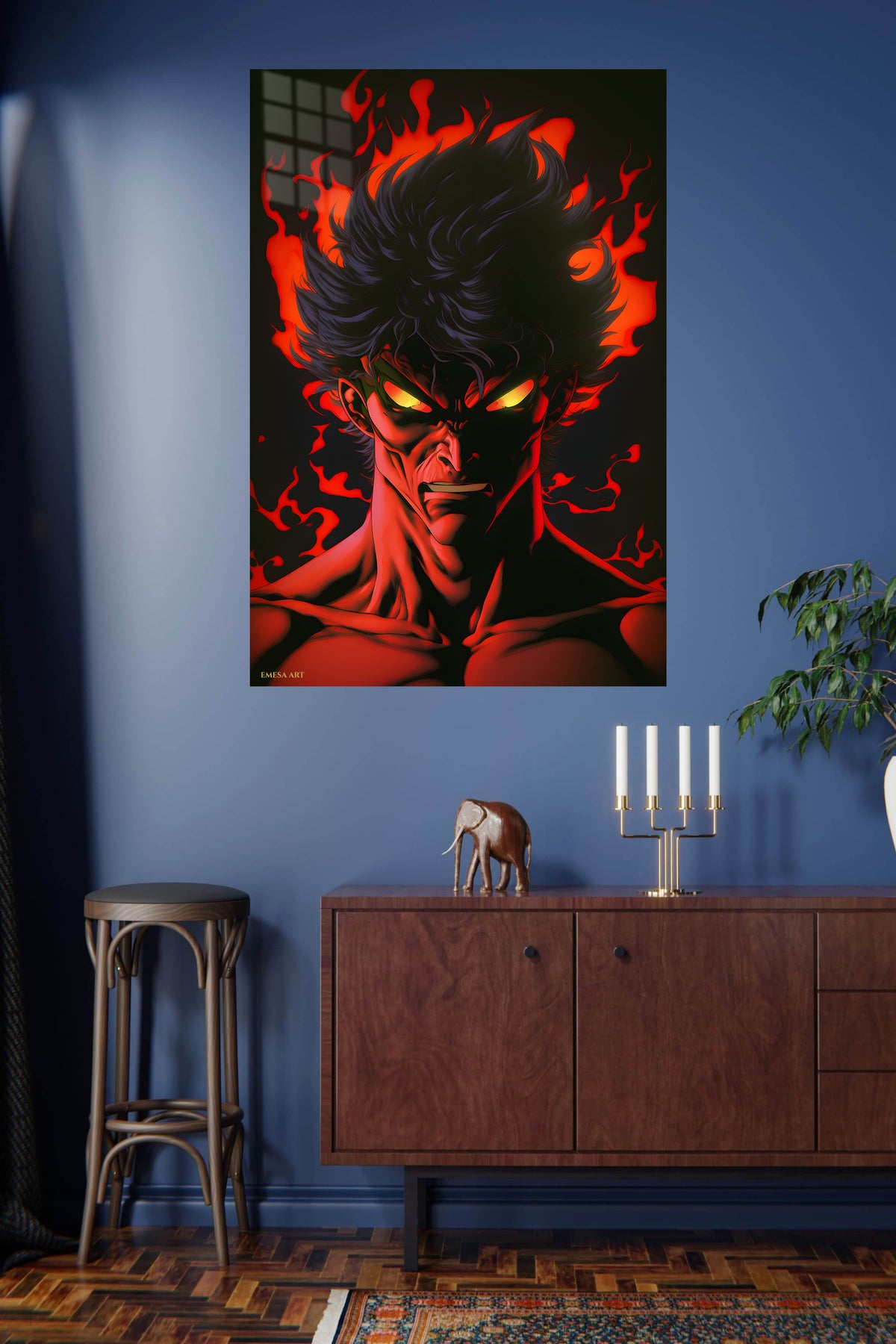 Hooded Wanderer at the Storm Gate metal wall art displayed in a modern interior