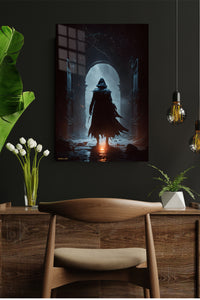 Azure Blade Masked Warrior metal wall art displayed in a modern interior